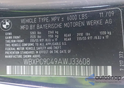 2010 BMW X3 xDrive30I from USA, damaged, VIN WBXPC9C49AWJ33608